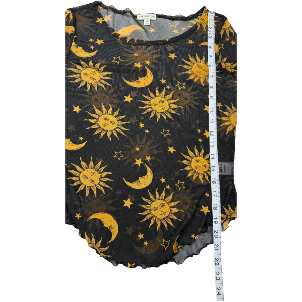 Earthbound Trading Co Mesh Celestial Sun Moon Top Bell Sleeves Black Gold Sz M - Picture 10 of 10